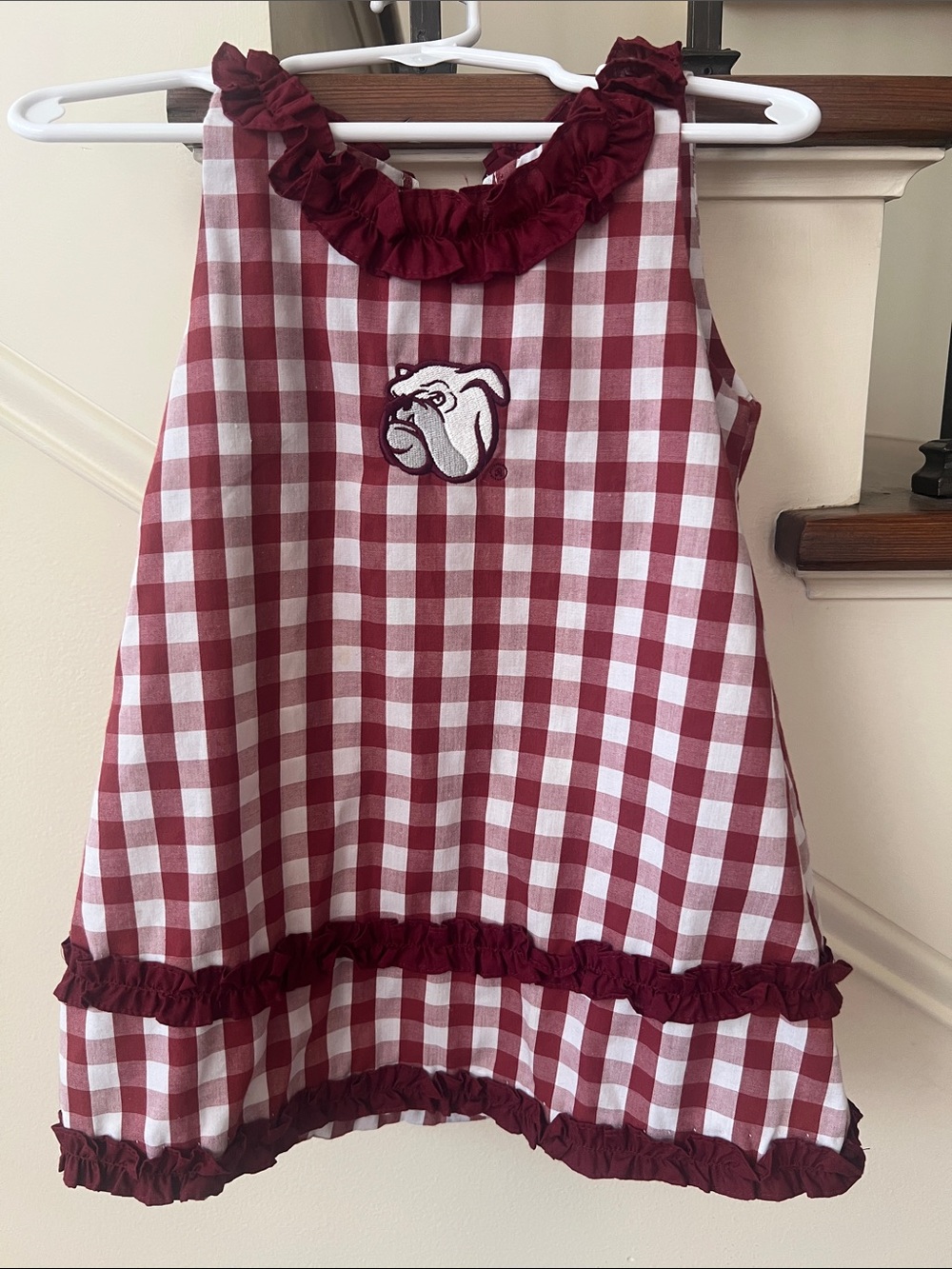 Girls' Maroon Check Ruffle Dress with Bulldog